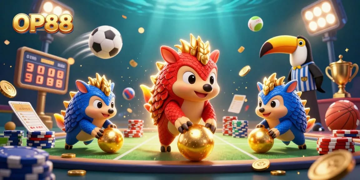 Experience exciting gaming action with OP88's vibrant pangolins and sports elements!