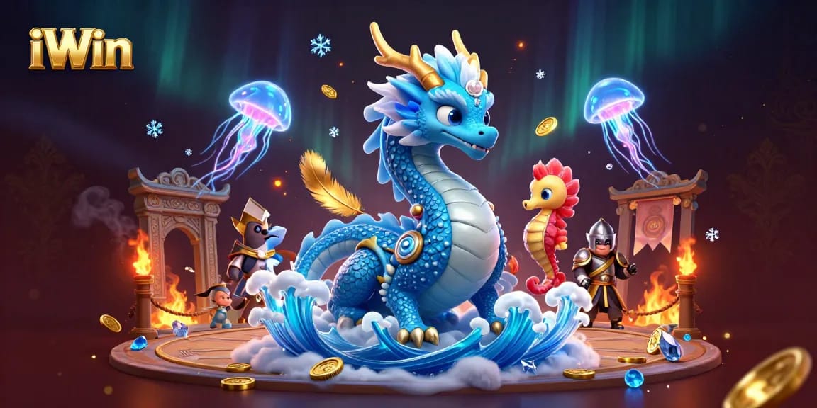 iWin features dynamic 3D elements with a vivid azure dragon and glowing jellyfish in a casino-inspired setting.