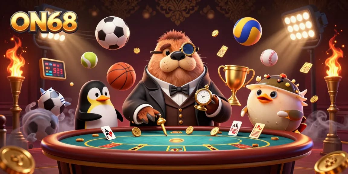 Engage in thrilling online gameplay at ON68 with our jolly walrus and friends at a poker table.