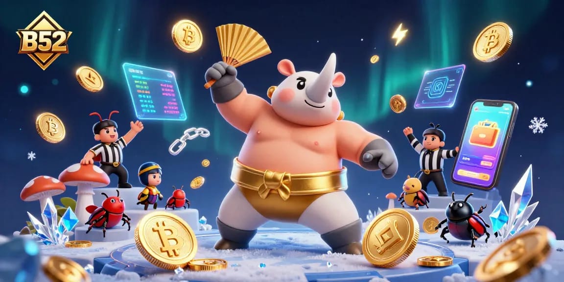 B52 dynamic casino scene featuring a sumo beetle champion and crypto elements.