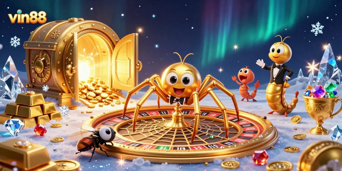 Experience the excitement of vin88 with a stunning roulette-themed web spun by a golden spider.