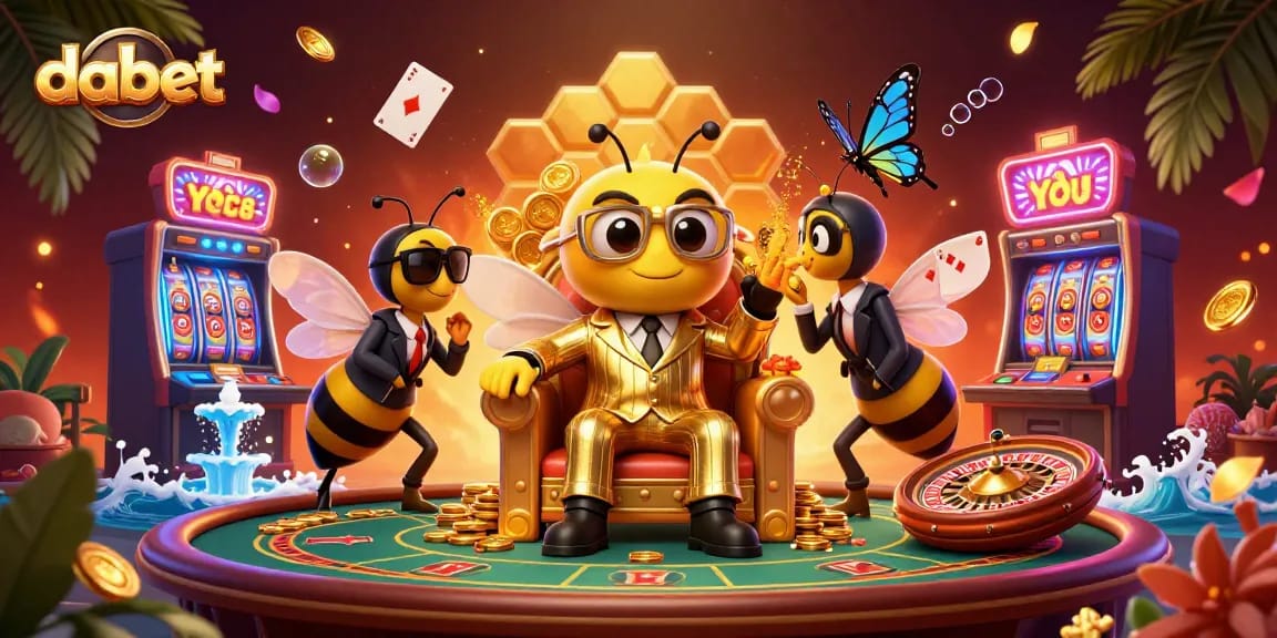 Join the lively dabet casino scene with a bumblebee mob boss and vibrant game elements.