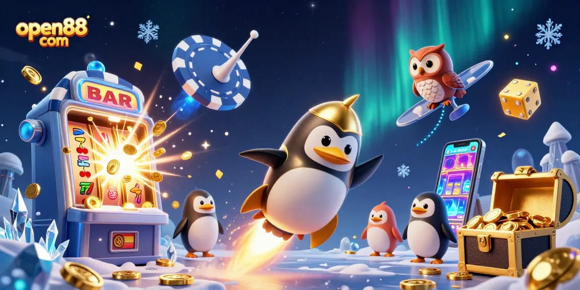 Win big with open88 com as a golden penguin zooms toward a vibrant casino space station.