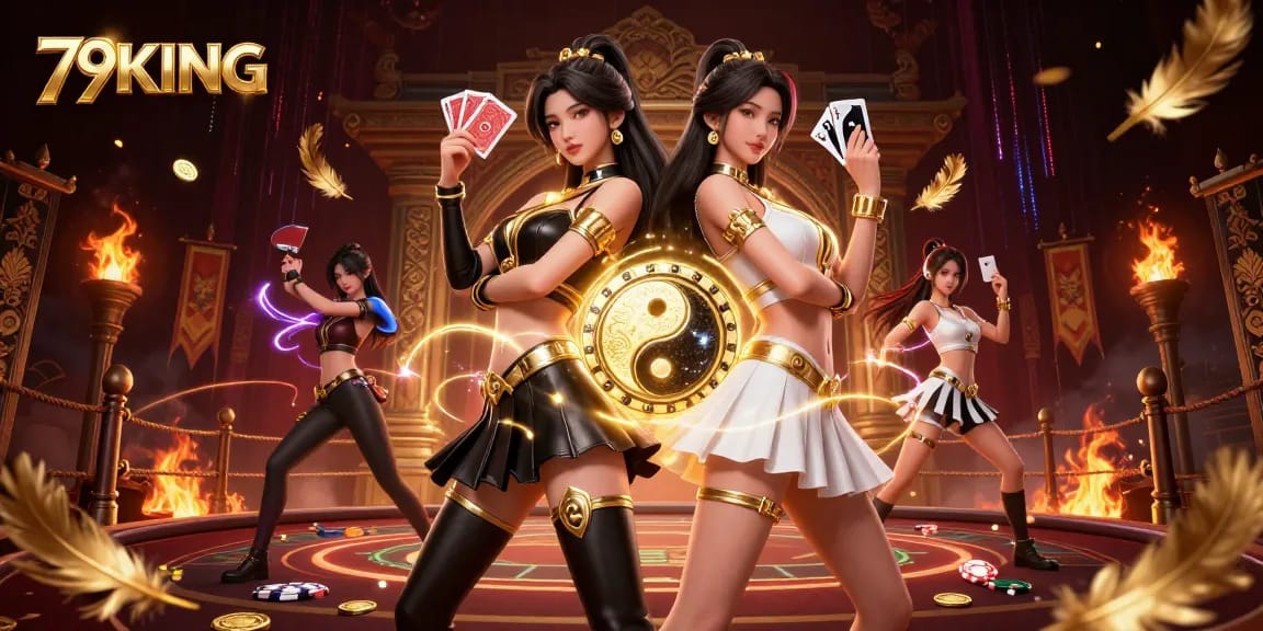 Engage with 79KING in a vibrant 3D illustration showcasing skilled twin gamblers balancing red and black cards.