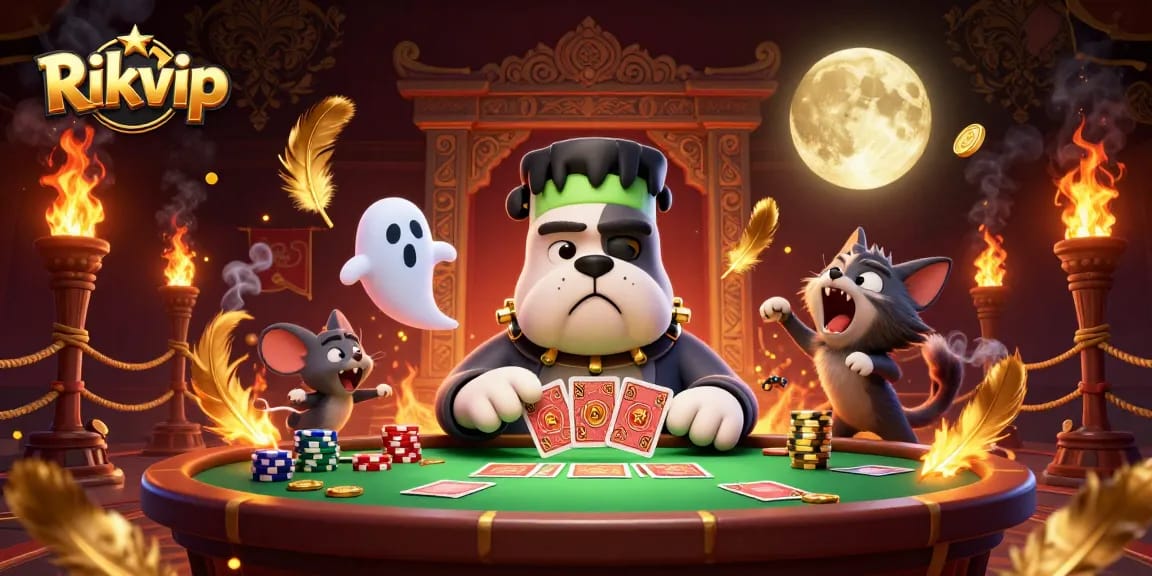 Rikvip's thrilling gaming scene with a Frankenstein bulldog dealer and glowing casino elements.