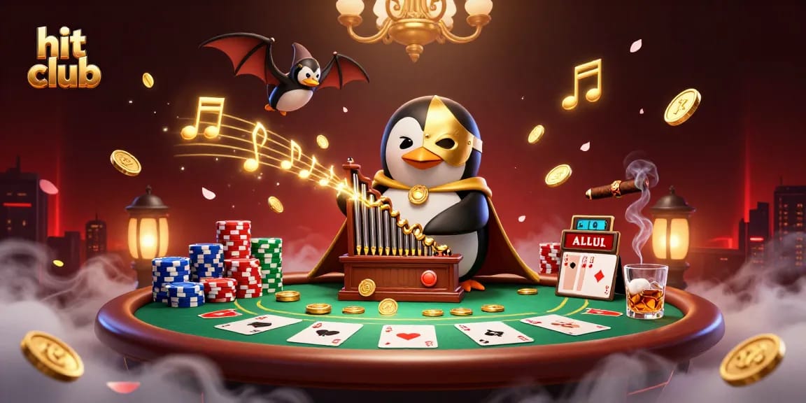Hit club offers an exhilarating scene of a penguin organist and poker elements illustrating vibrant casino excitement.