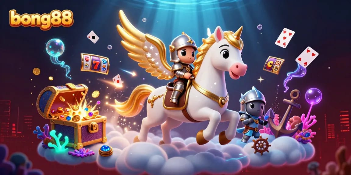 Bong88 offers exciting wins in this vibrant casino-themed illustration, showcasing a celestial horse and gaming treasures.