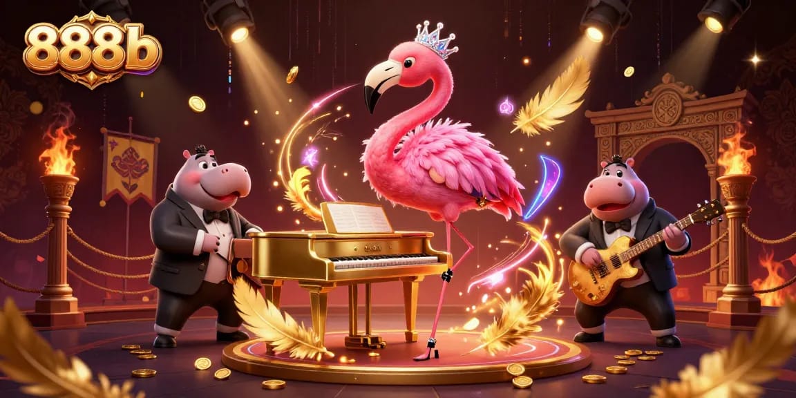 Experience the excitement of 888b with a vibrant casino scene featuring a flamingo singer and hippo bassist.