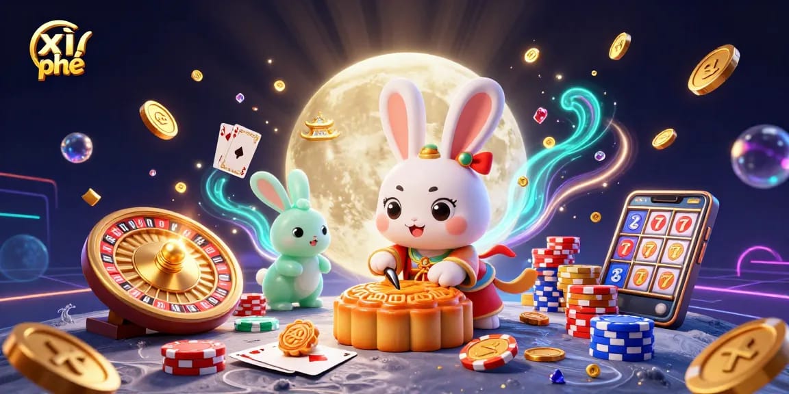 Engage in xì phé gameplay as a moon rabbit slams golden mooncakes revealing poker chips in this 3D illustration.