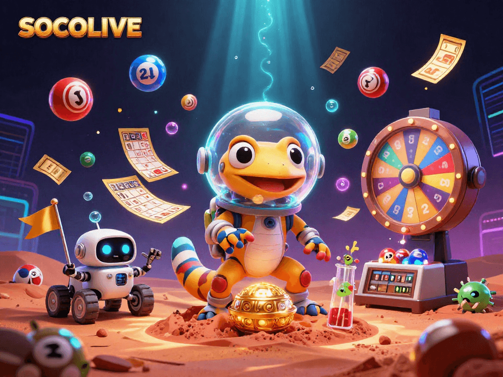 SOCOLIVE showcases a vibrant 3D casino scene with Martian gecko, full of excitement and gaming elements.