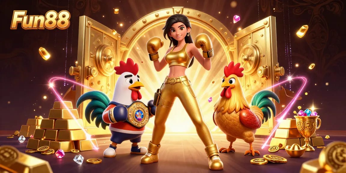 Play exciting casino games at Fun88 with a captivating 3D scene showcasing thrilling characters and lavish treasures