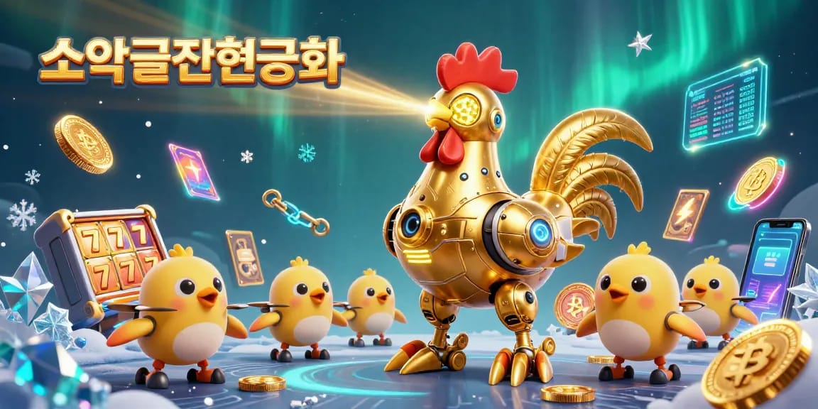 소액결제현금화와 슬롯 게임을 결합한 역동적인 3D 일러스트로, 황금 로봇과 아기 병아리 드론들이 함께합니다.