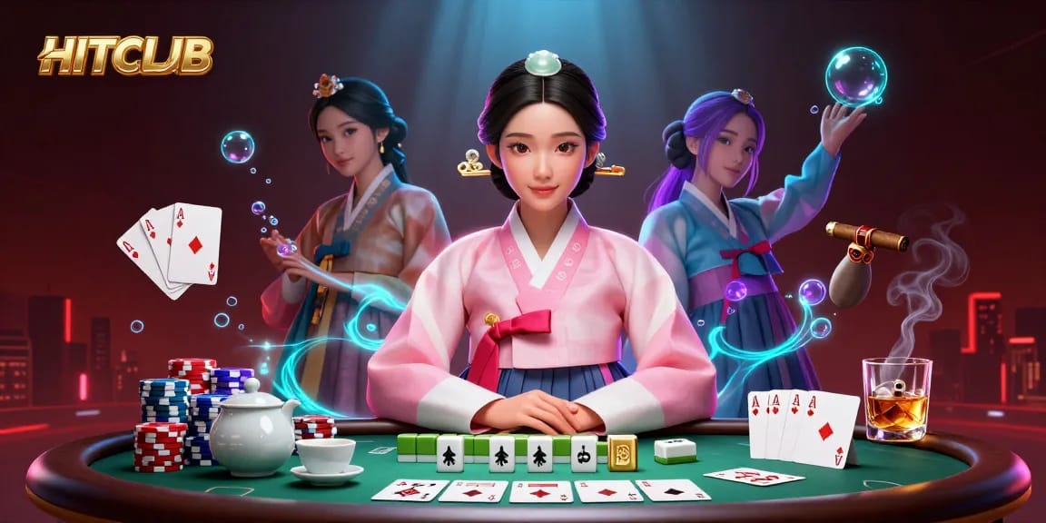 Engage in thrilling HITCLUB gaming with a vibrant, detailed casino scene showcasing poker elements.