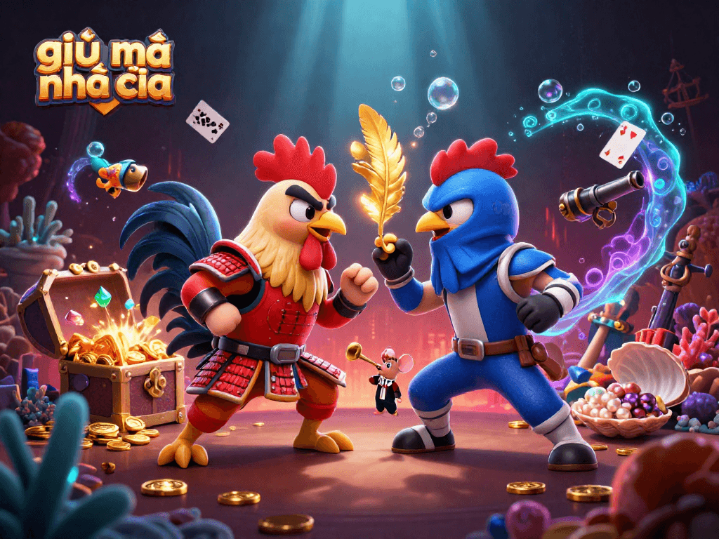 Engage with giải mã nhà cái strategy in this vibrant 3D casino illustration featuring epic rooster combat.
