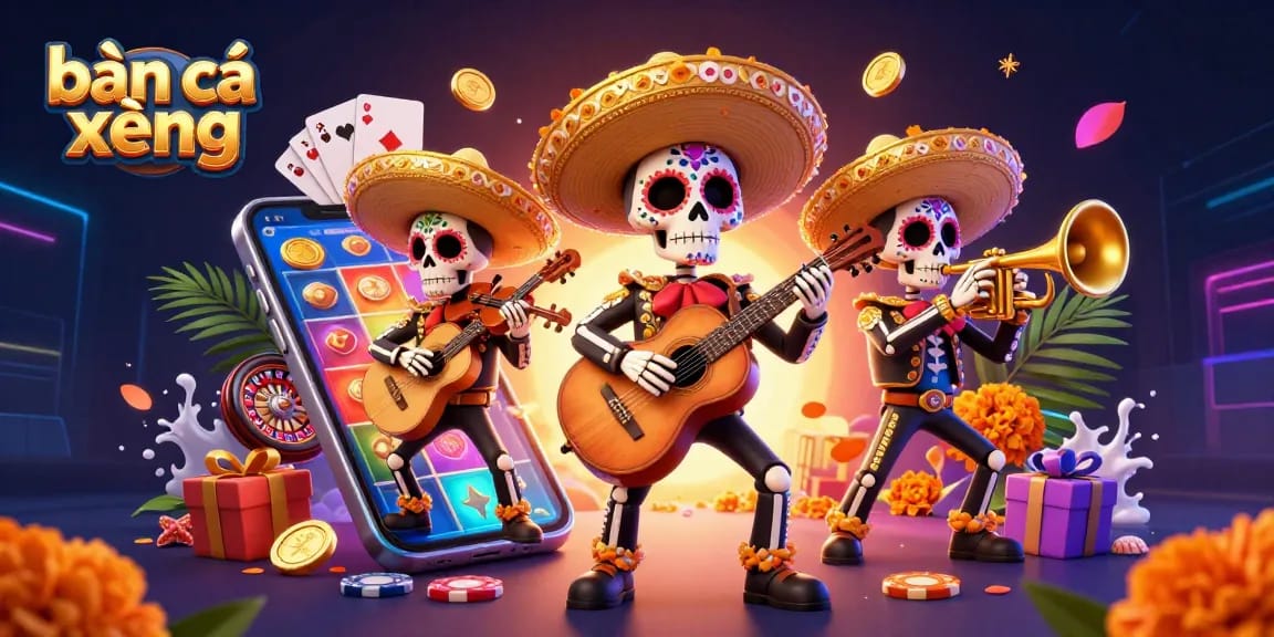 Engage in bắn cá xèng with the thrilling 3D cartoon mariachi band amidst vibrant gambling elements.