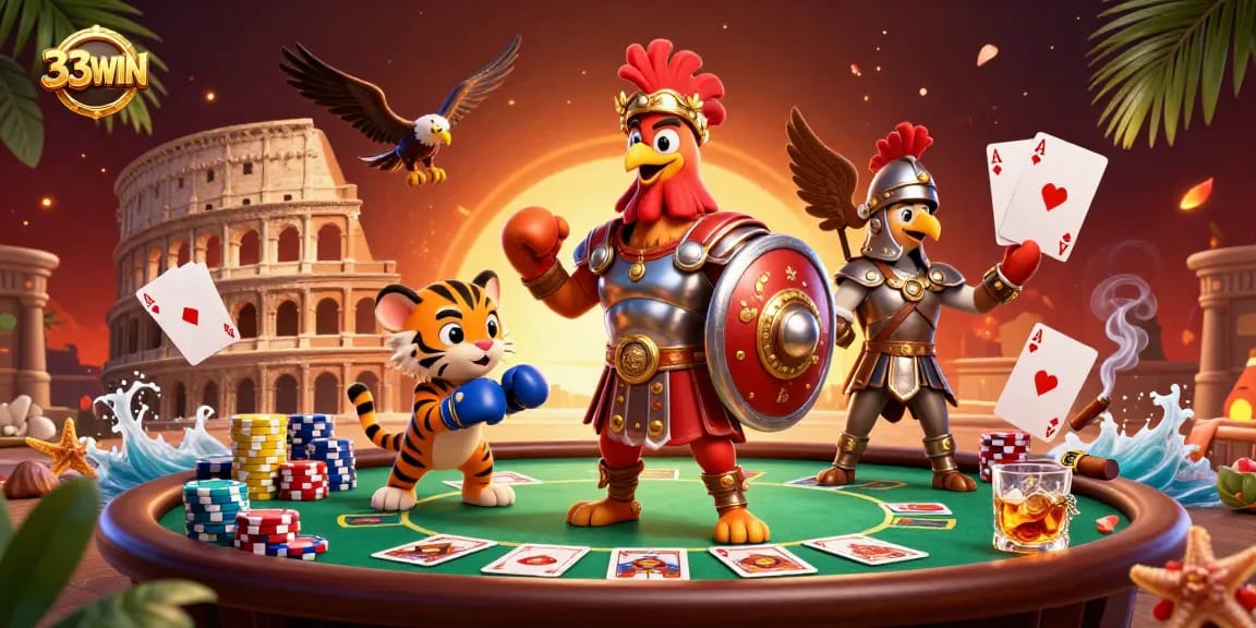 Experience dynamic poker action with the 33WIN gladiator rooster and friends in a grand arena.