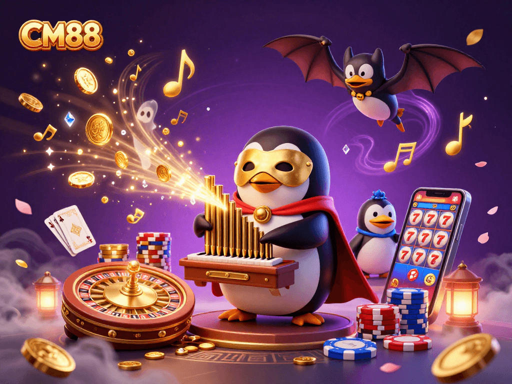 Experience the fun at CM88 casino with a whimsical penguin playing an organ shooting golden coins.