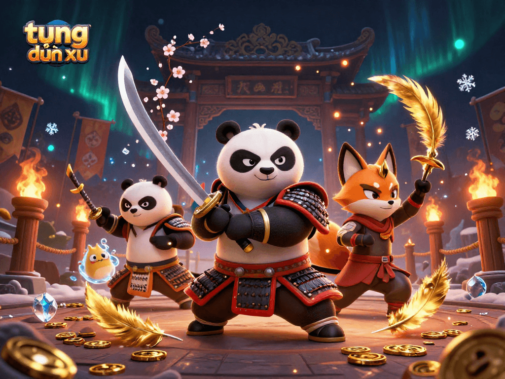 Experience the thrill of tung đồng xu with a colorful 3D casino scene featuring engaging characters.