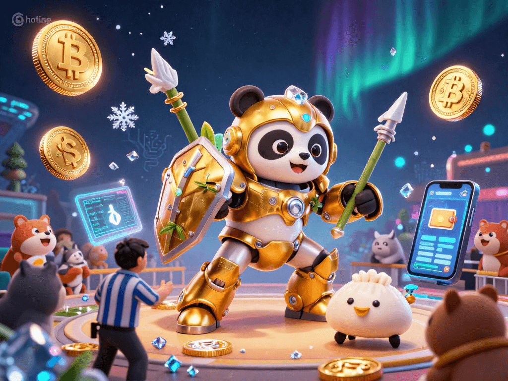 Engage in thrilling hotline action with a mech-suit panda in a vibrant casino arena.