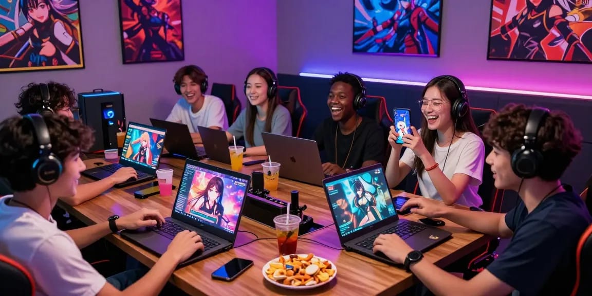 Engaging environment for playing hentai games with friends on various devices and vibrant lighting.