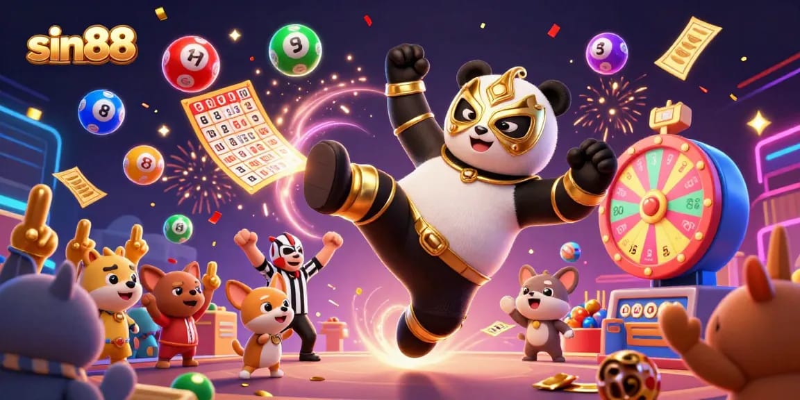 Experience thrilling gameplay with sin88 as the panda delivers a flying kick in an energetic casino scene.