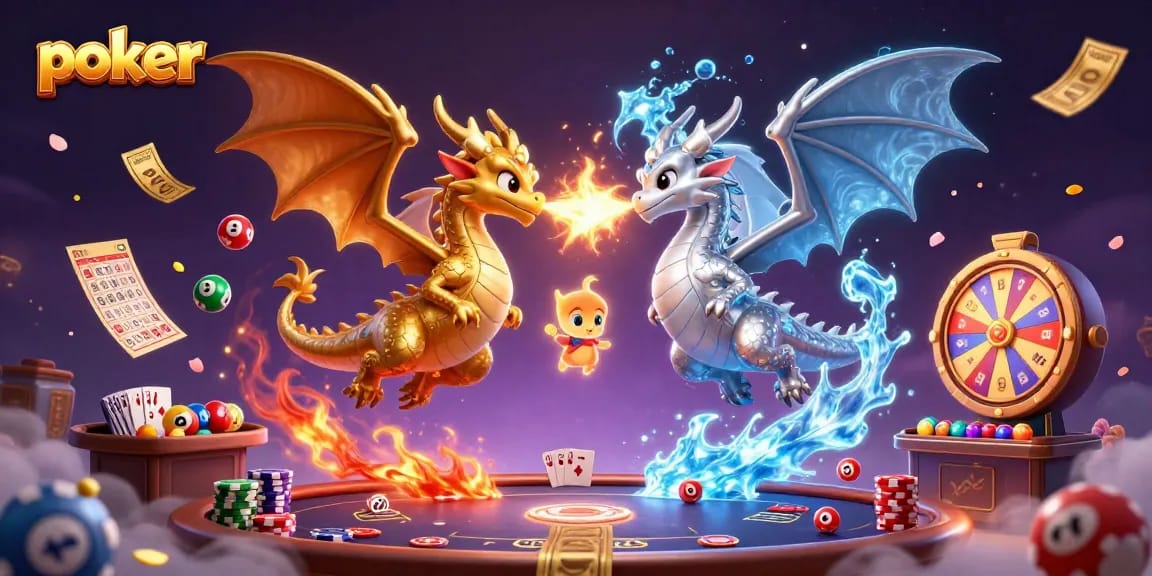 Engage in an exciting poker duel with vibrant illustrations showcasing dragon-themed elements and poker gameplay.