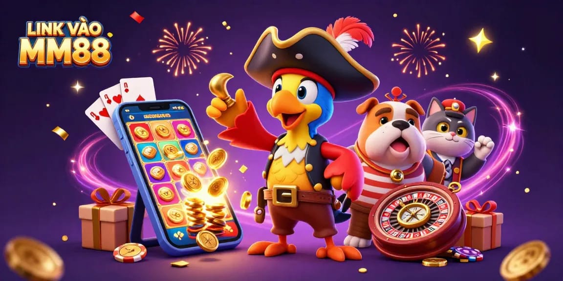 Experience the thrill of gaming with LINK VÀO MM88, featuring vibrant characters and exhilarating casino elements.