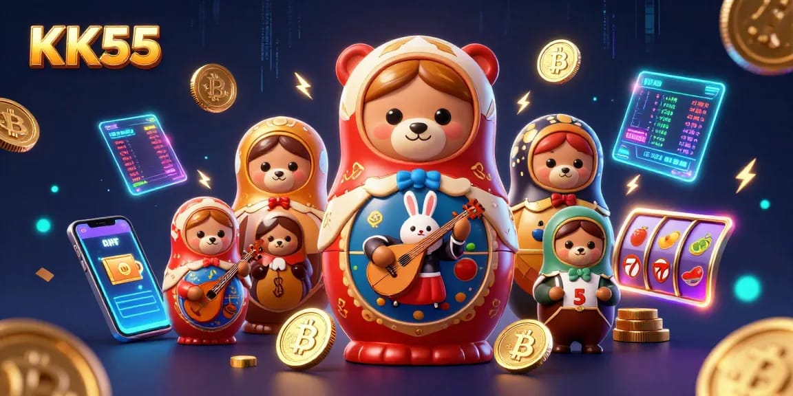 Spin the reels at KK55 with a vibrant illustration of casino-themed characters and elements.