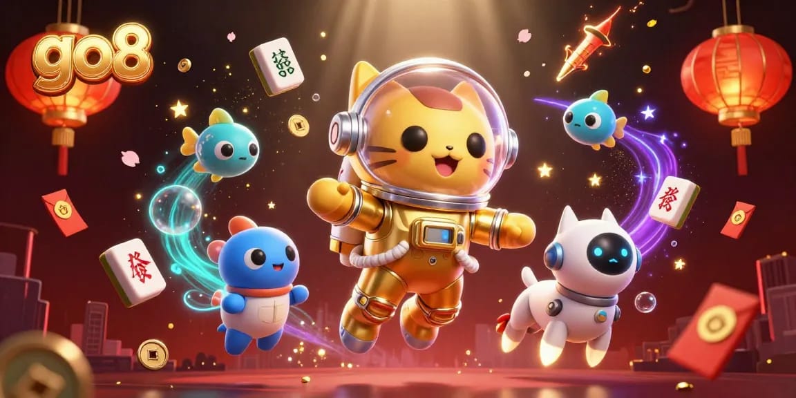 Experience the thrilling gaming atmosphere at go8 with alien characters floating in a vibrant nebula.