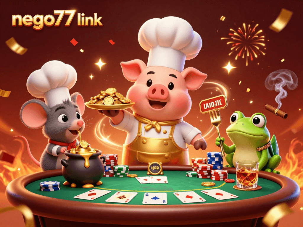 Play big with NEGO77 link at this vibrant casino scene featuring animated characters and poker elements.