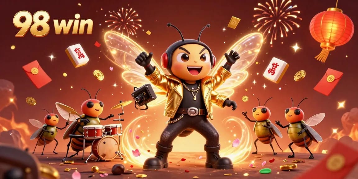 Experience vibrant online gaming excitement with 98 win, featuring lively characters and stunning casino elements.