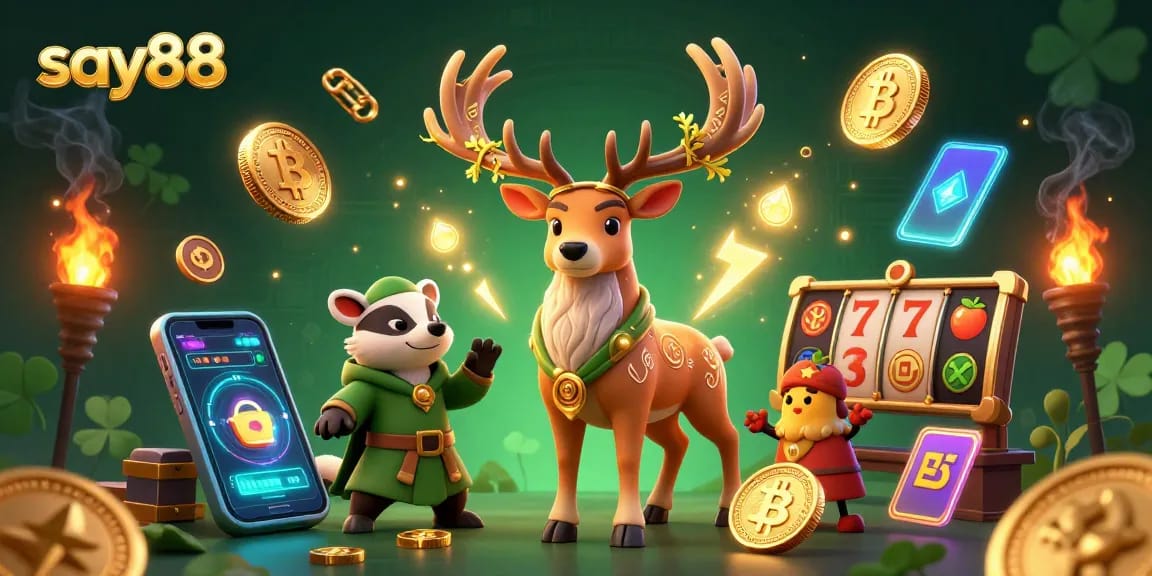 Engage with say88, a vibrant casino scene featuring Celtic druid, badger, and crypto elements.