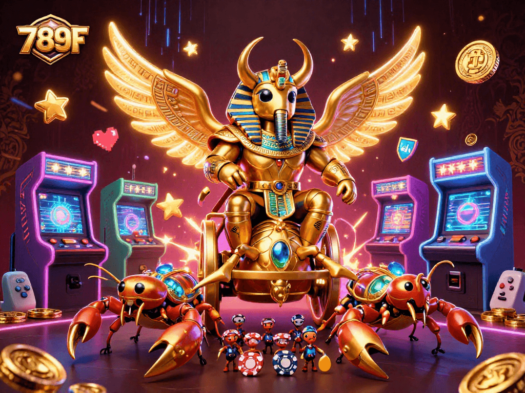 Experience thrilling gameplay at 789F with the golden scarab in a vibrant casino scene.