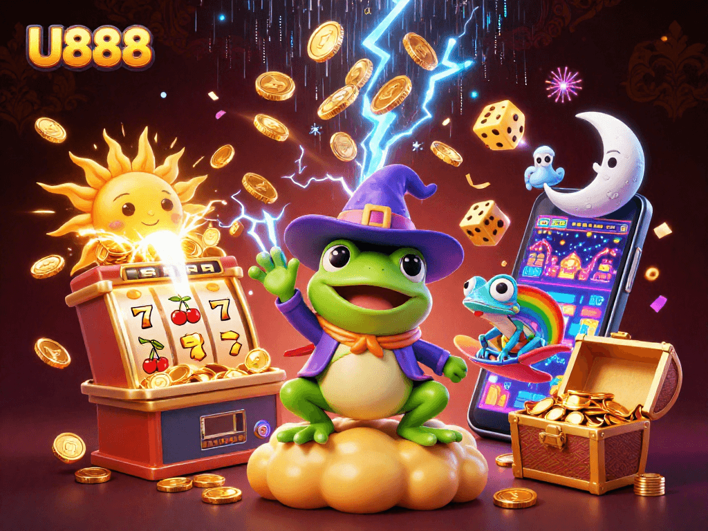 Experience the excitement of U888 as colorful characters celebrate a jackpot moment surrounded by casino elements.