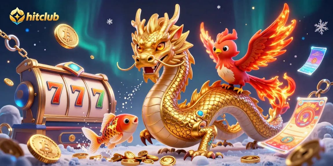 Experience the excitement at hitclub with vibrant 3D illustrations of a dragon, phoenix, and jackpot symbols.