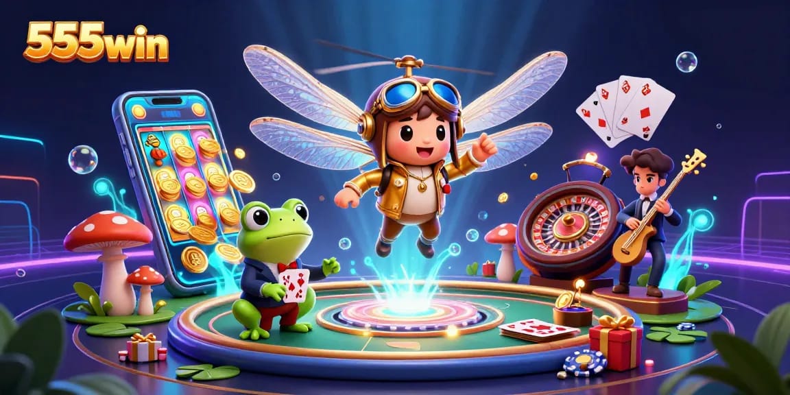 Spin to win with 555win at a lively casino scene featuring a dragonfly pilot and frog dealer amidst vibrant game elements.