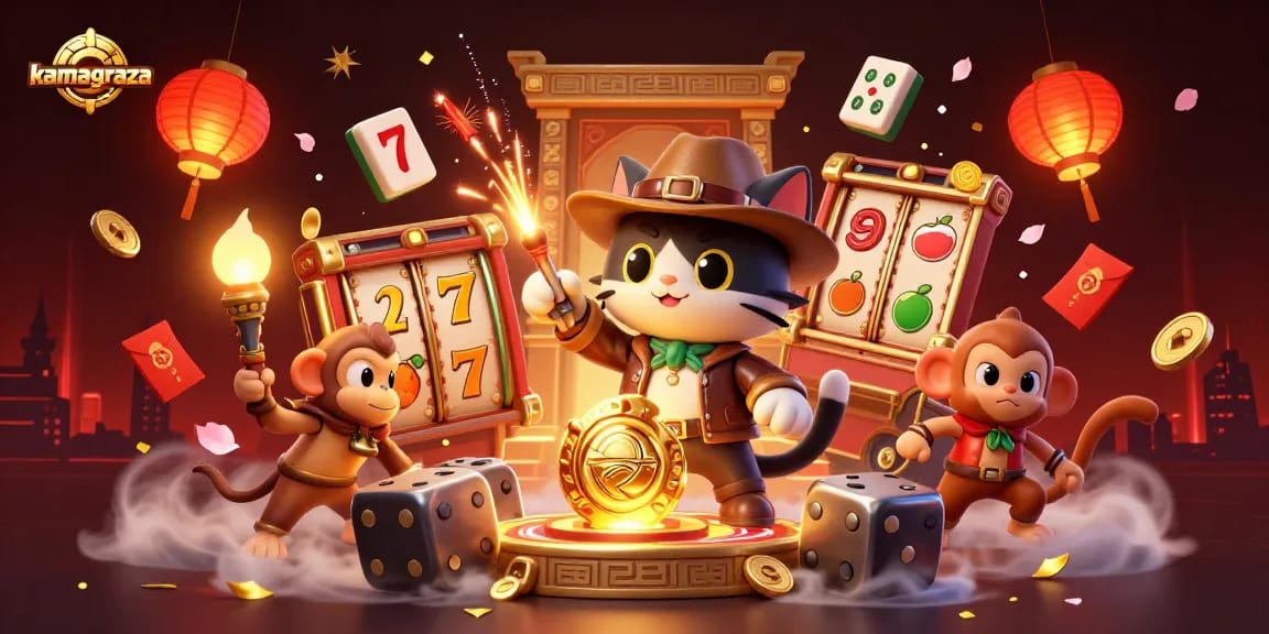 Engage with kamagraza's vibrant casino experience amidst a dynamic scene of 3D gaming elements.