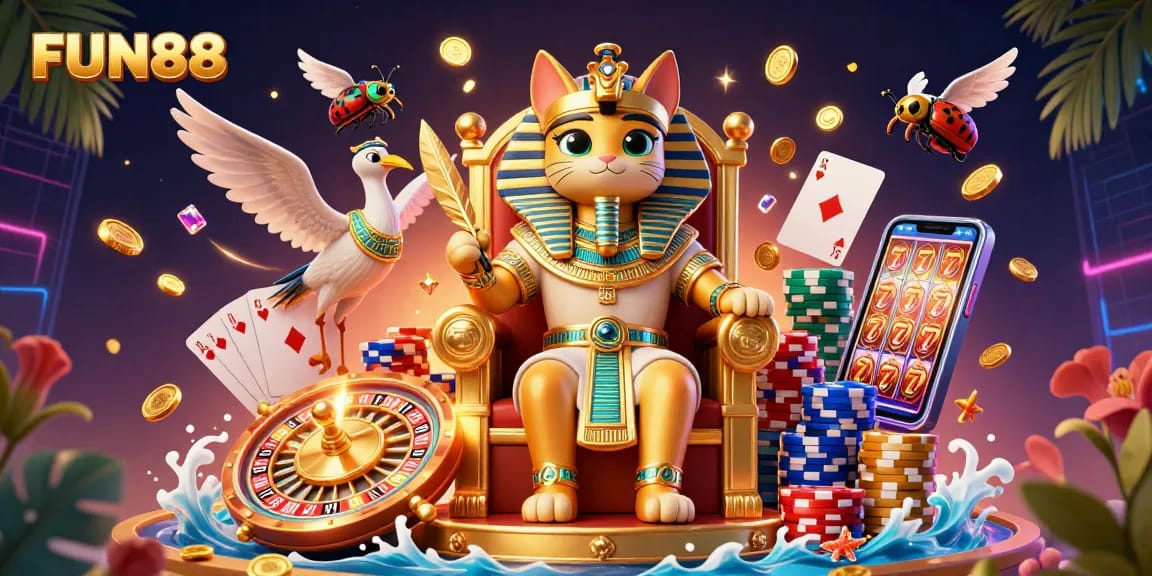 Experience FUN88 with this vibrant 3D casino illustration featuring exciting game elements and lively characters.