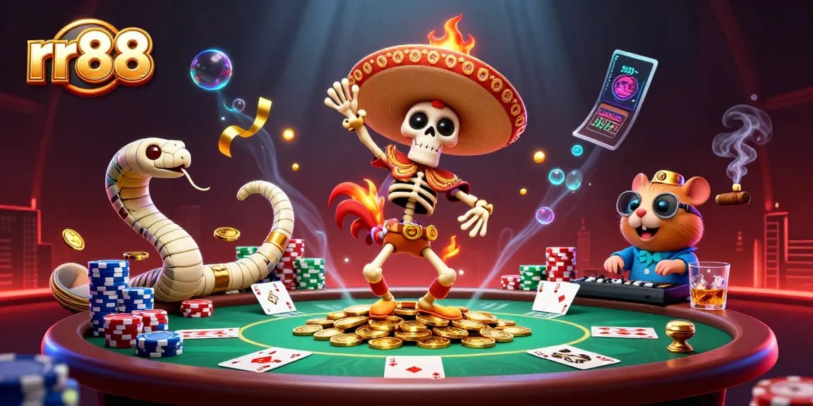 Celebrate winning moments at rr88 with vibrant casino action featuring poker tables and playful characters.