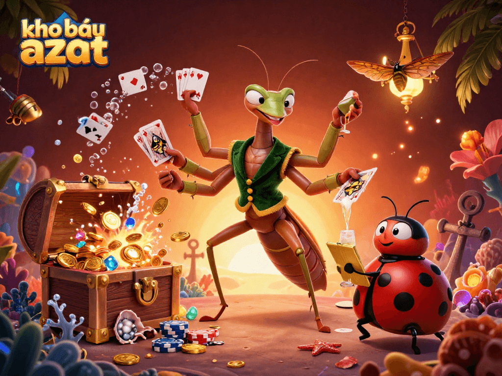 Engage in thrilling gameplay with kho báu aztec as the giant mantis dealer shuffles cards and chips.