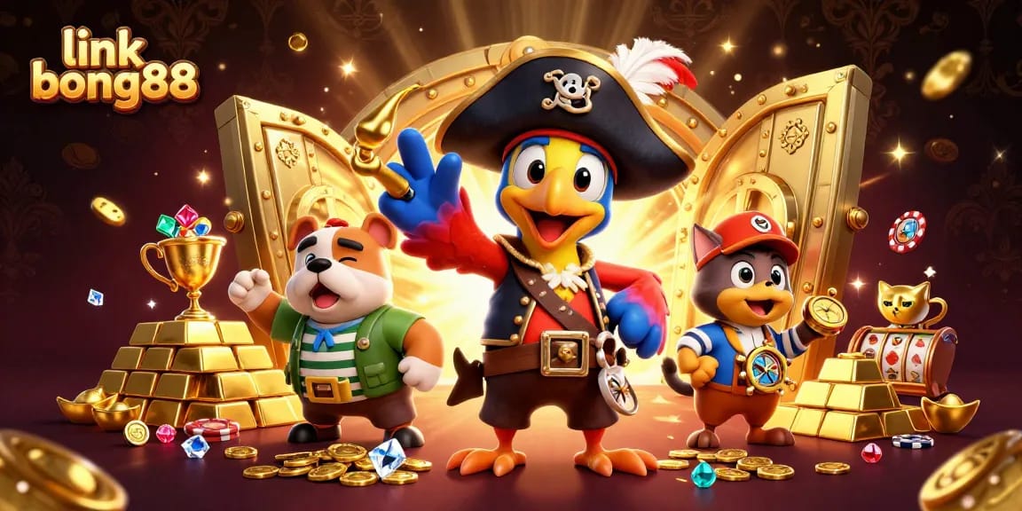 Experience the thrill of link bong88 as the pirate captain commands treasure amidst a vibrant casino scene.