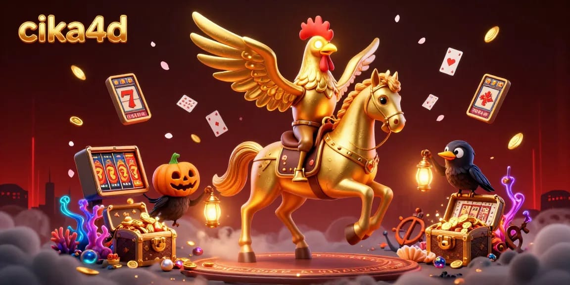 Cika4d presents a vibrant casino scene with a golden rooster and thrilling gaming elements.