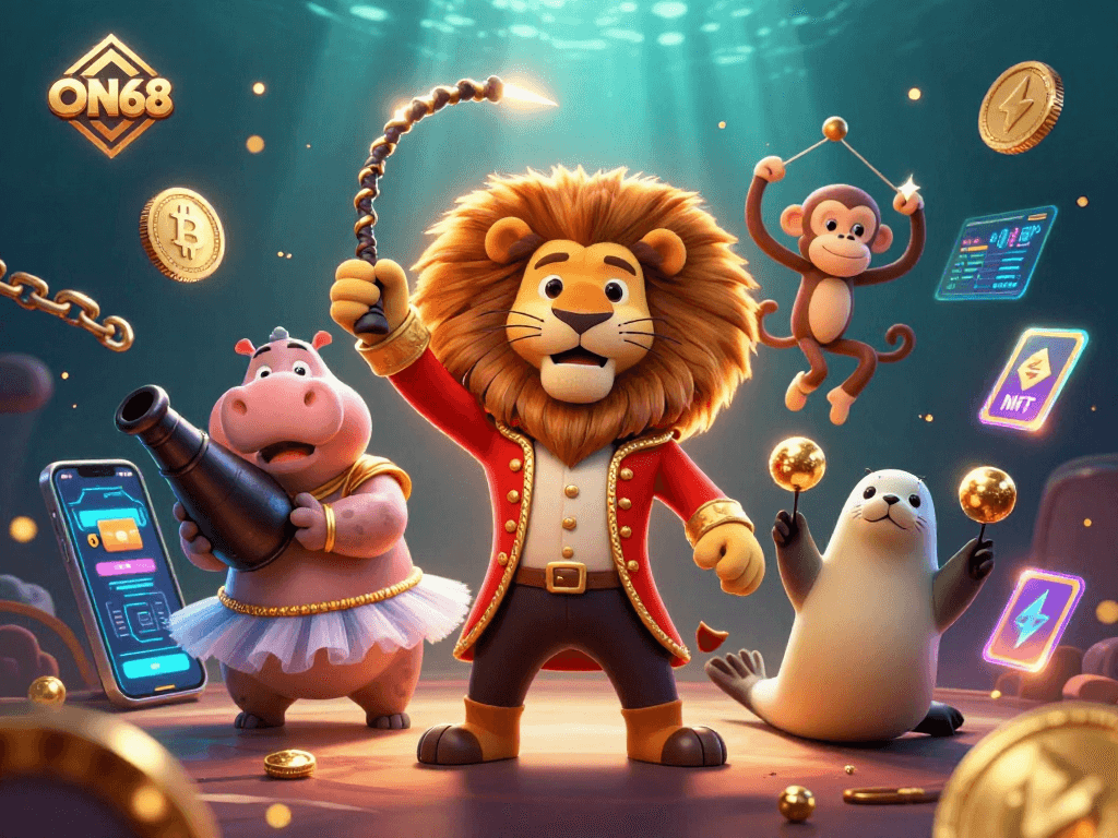 Experience the thrill of ON68 with cartoon characters engaging in vibrant casino scenes, showcasing a dynamic and exciting atmosphere.