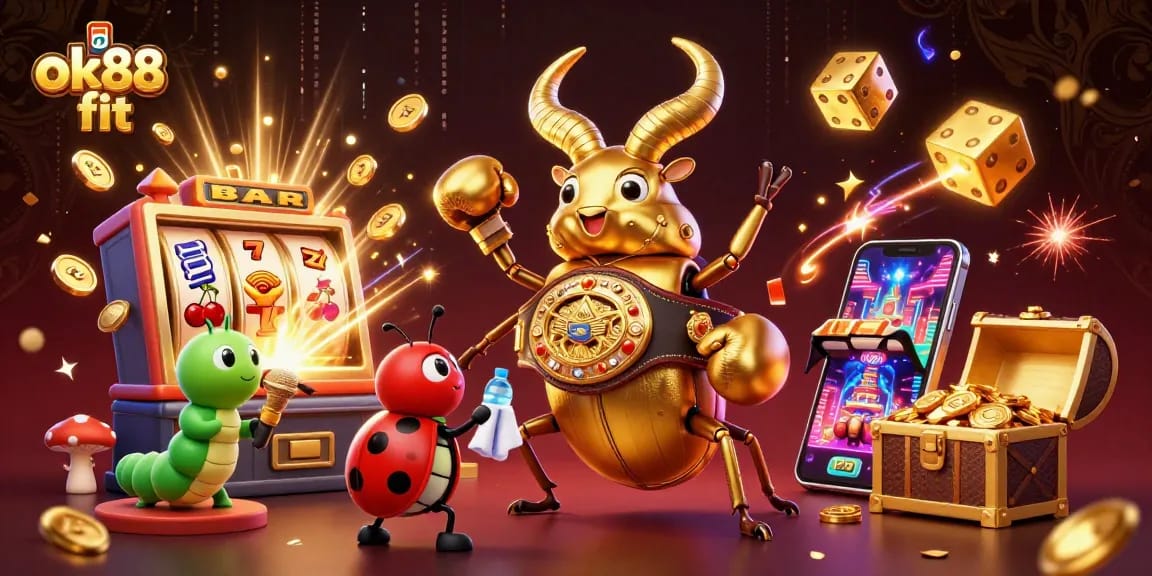 Celebrate huge wins at ok88 fit, where a golden stag beetle faces off in a vibrant casino scene.