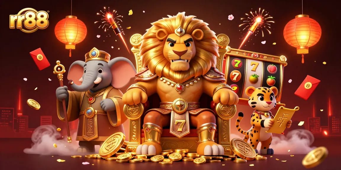 Engage with rr88's vibrant casino adventure featuring a lion king and exciting slot games.