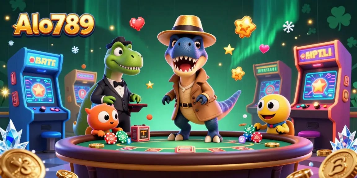 Alo789 showcases a creative 3D scene with a velociraptor card counter playing blackjack under scrutiny, emphasizing the thrill of gambling.