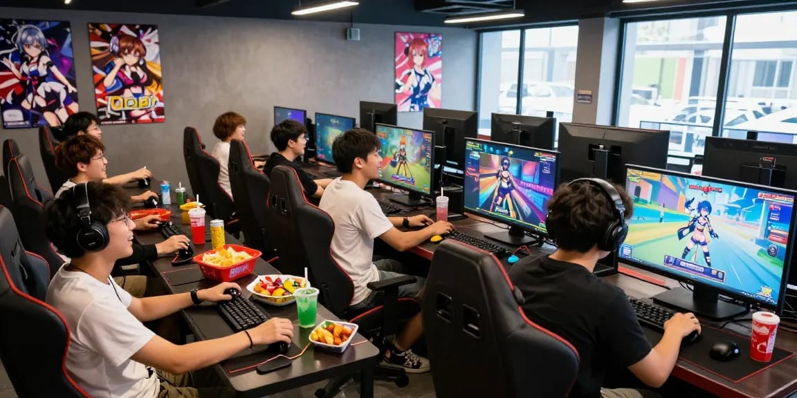 Players enjoying real ecchi games in a colorful gaming café, showcasing excitement and camaraderie.