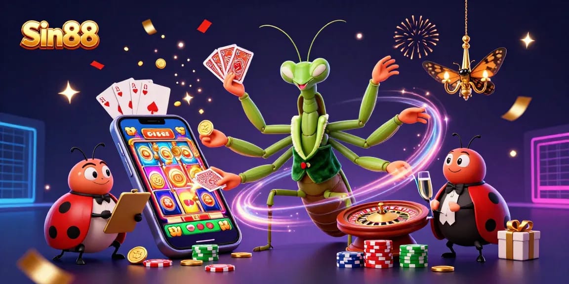 Experience Sin88's vibrant casino world with a dynamic scene featuring a mantis dealer, ladybug pit boss, and exciting gaming elements.