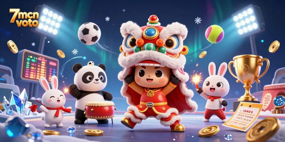 Place bets and cheer with 7mcn voto in a vibrant 3D sports-themed celebration featuring dynamic characters.