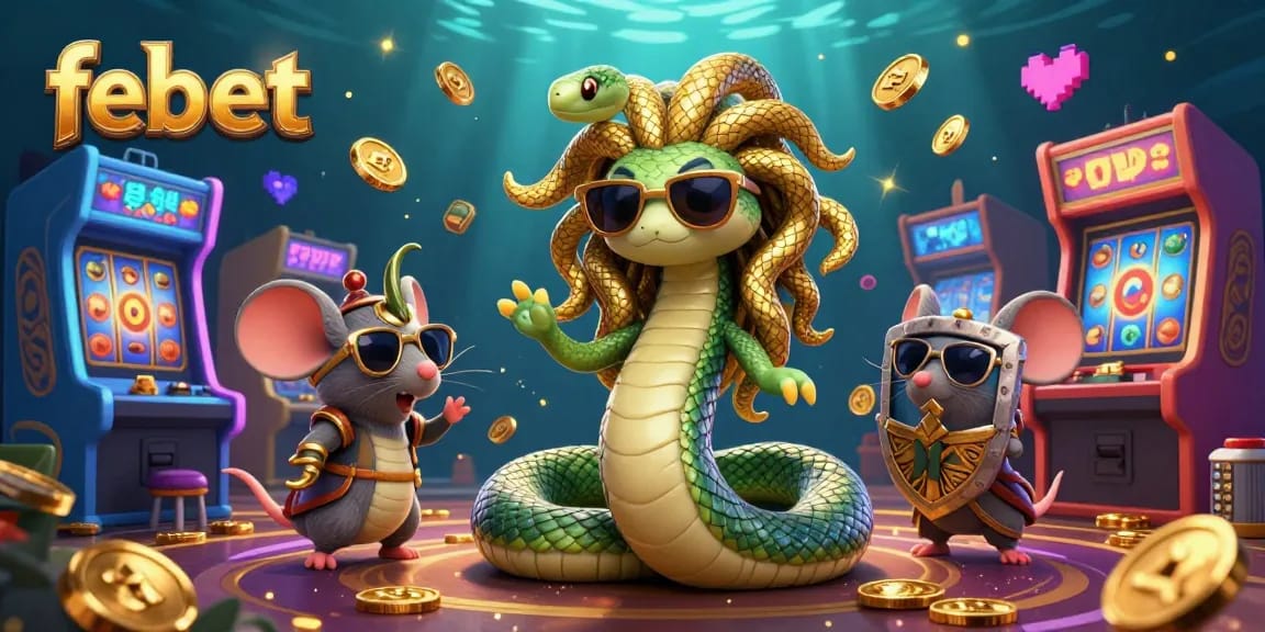 Experience thrilling gameplay at febet with a lively scene featuring Medusa and arcade game elements.